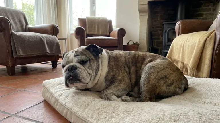 A senior Bulldog resting comfortably, illustrating how long do bulldogs live and age-related breathing considerations.