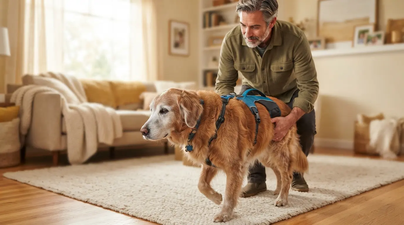A senior dog being supported by a harness, illustrating old dog back legs collapsing and mobility support options.