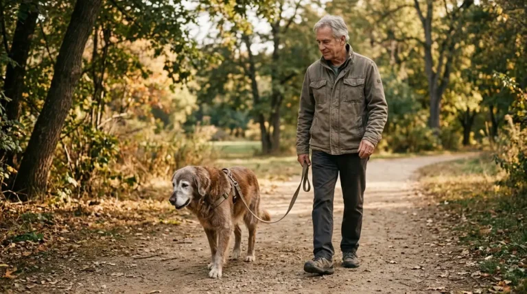 A senior dog enjoying a gentle walk, illustrating how much exercise does a senior dog need at different life stages.