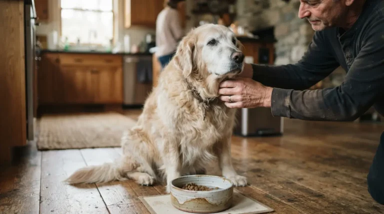 A senior dog looking at an untouched food bowl, illustrating the concern of an old dog not eating.