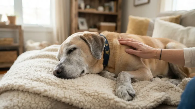 A senior dog resting calmly with an owner nearby, illustrating care and awareness around old dog seizures.