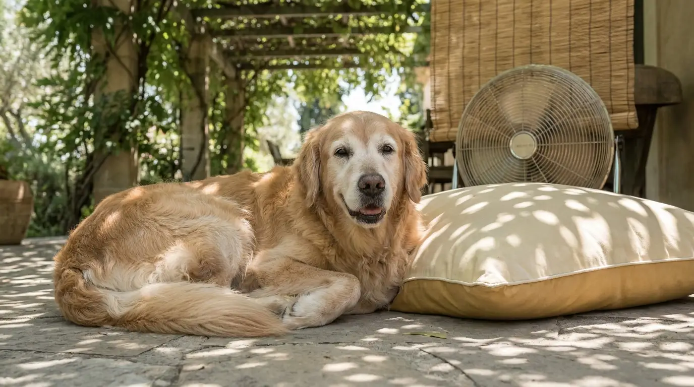 A senior dog resting in the shade during summer, illustrating heatstroke in dogs symptoms prevention.