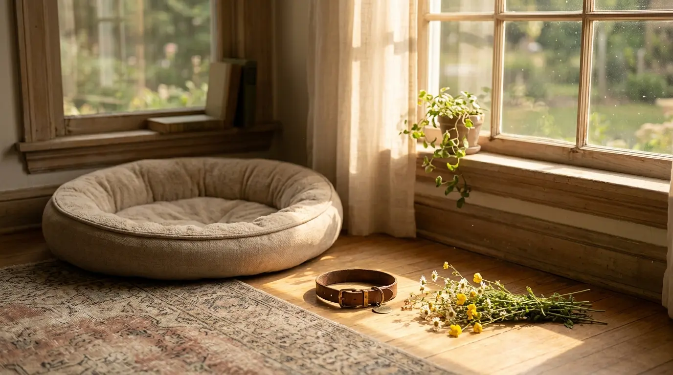 A dog's collar beside a framed photograph, accompanying guidance on what do you do if your dog dies.