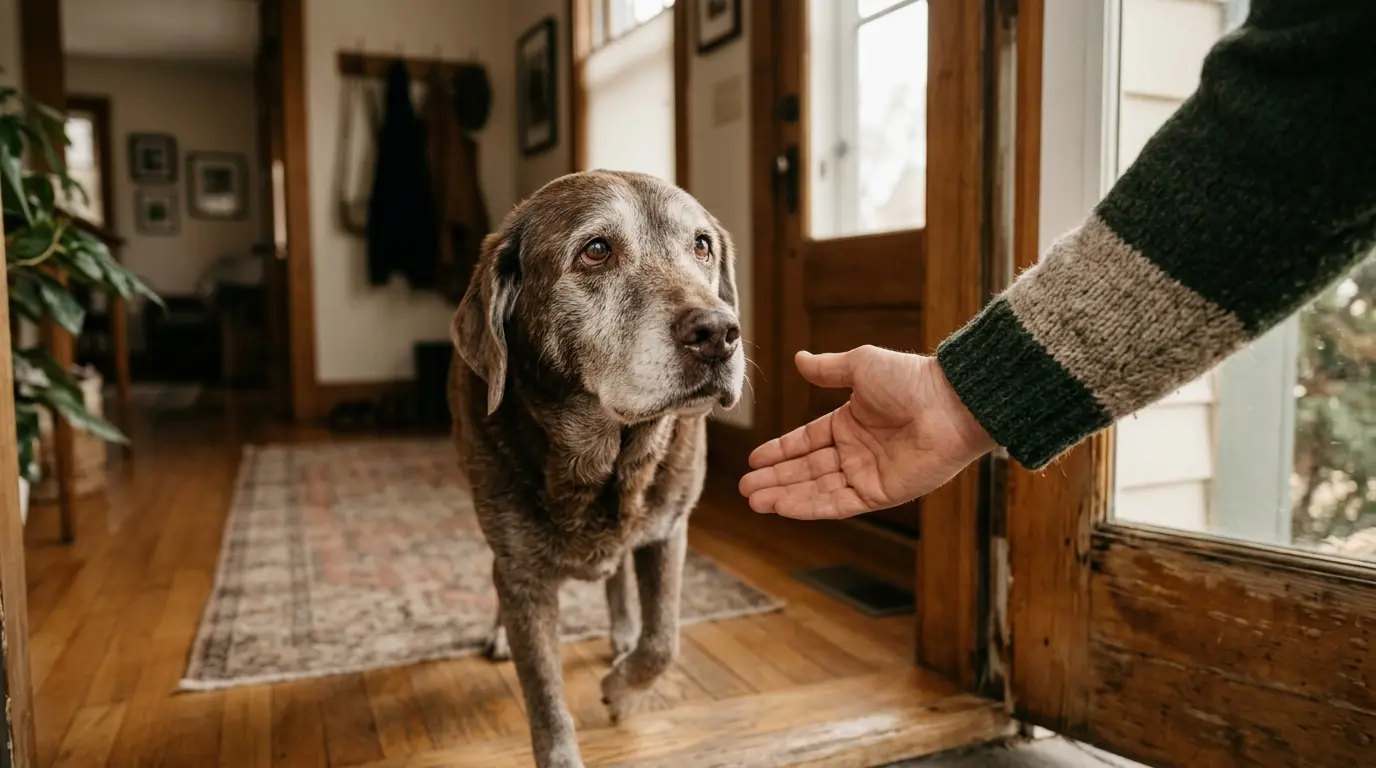 An older dog resting beside a person at home, illustrating adopting a senior dog