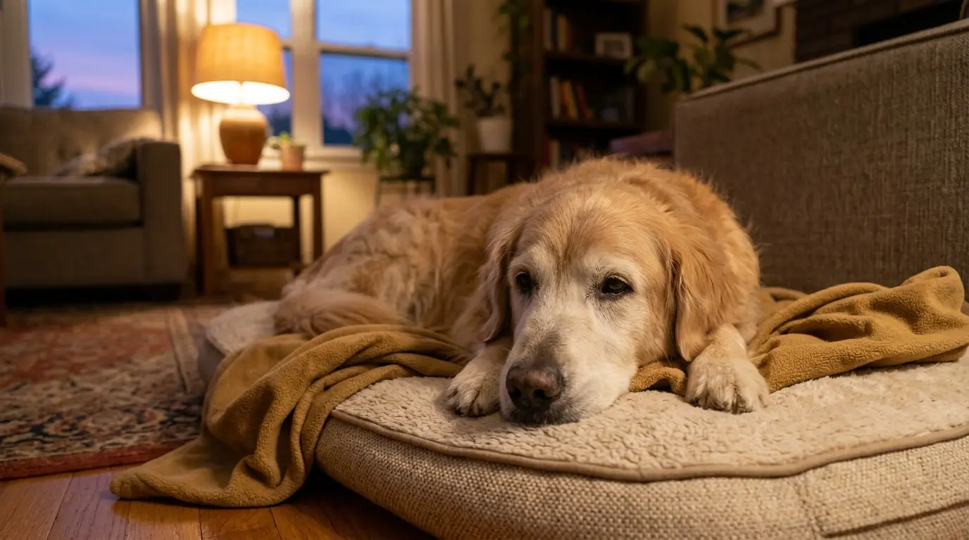 Senior dog beside a softly lit bed at dusk, illustrating what is sundowning in dogs.