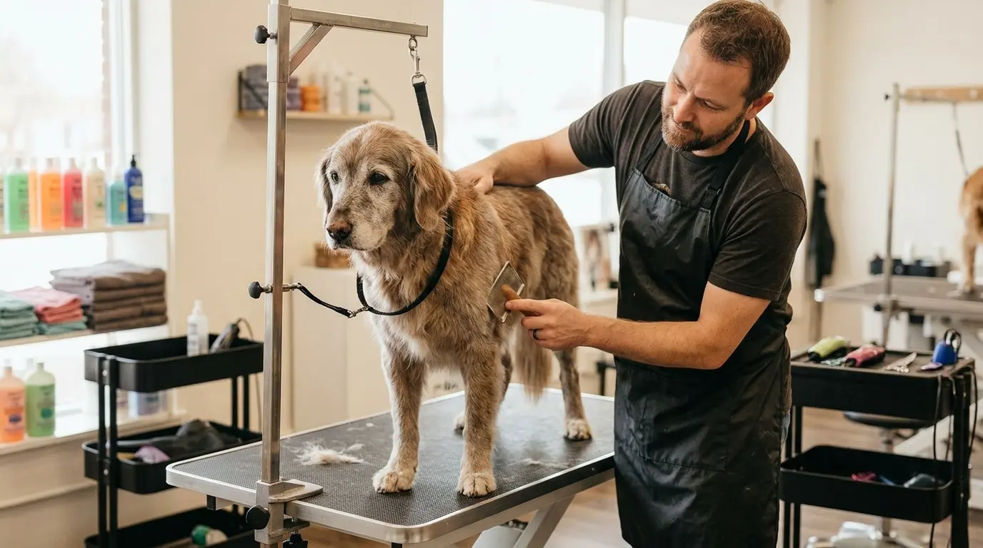 Senior dog resting beside a brush and a price card explaining how much does it cost to groom a dog.